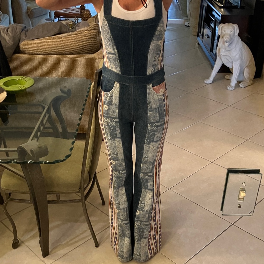 Free People Blue Patchwork Denim Overalls with Americana Panels